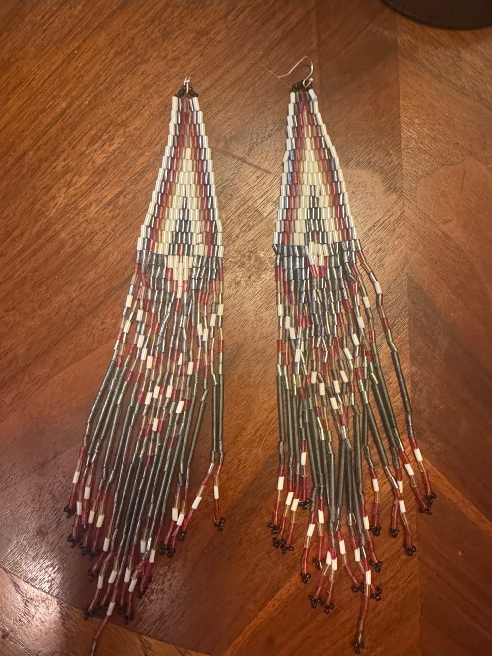 Long Beaded Fringe Earrings in Cream, Red/Orange & Green